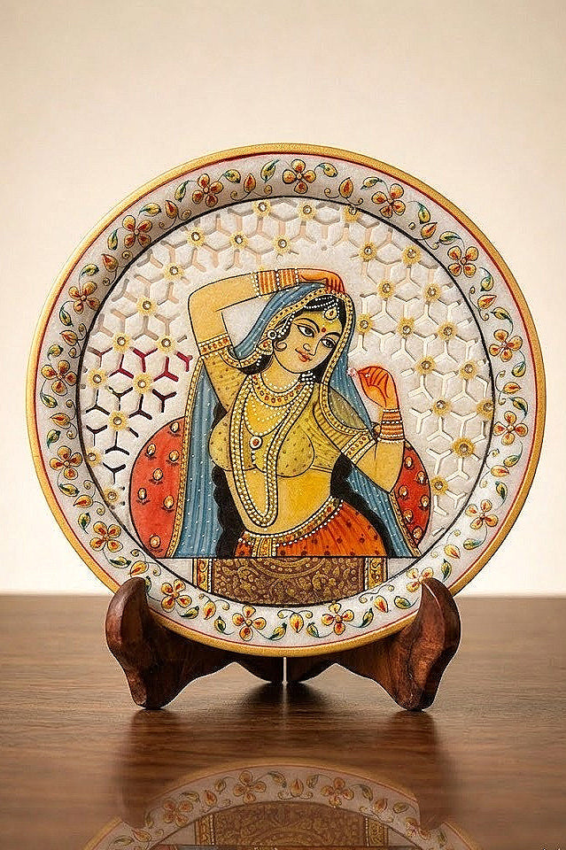 Grace of the Rajput Court – Rajasthani Miniature Marble Plate