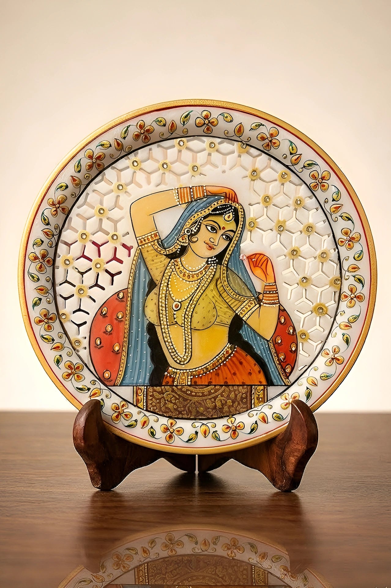 Grace of the Rajput Court – Rajasthani Miniature Marble Plate