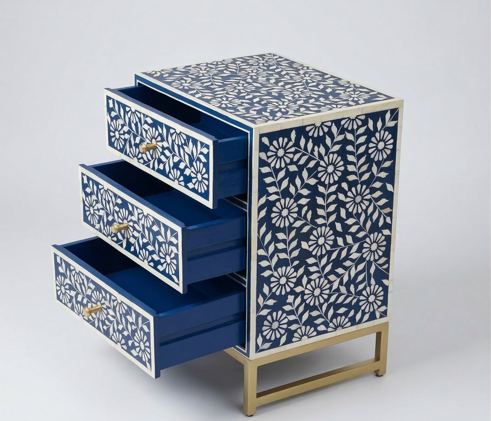 Blue & White Bone Inlay Floral Nightstand