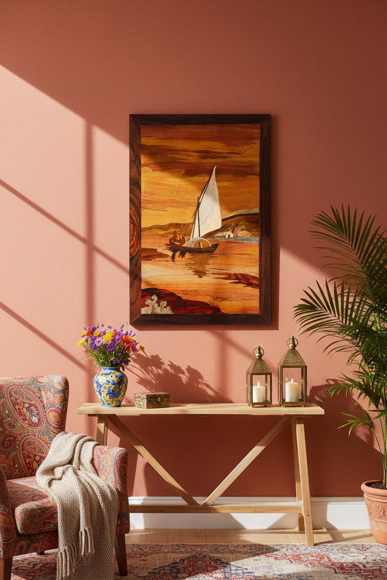 Mysore rosewood inlay wall panel displayed as living room décor above a console table