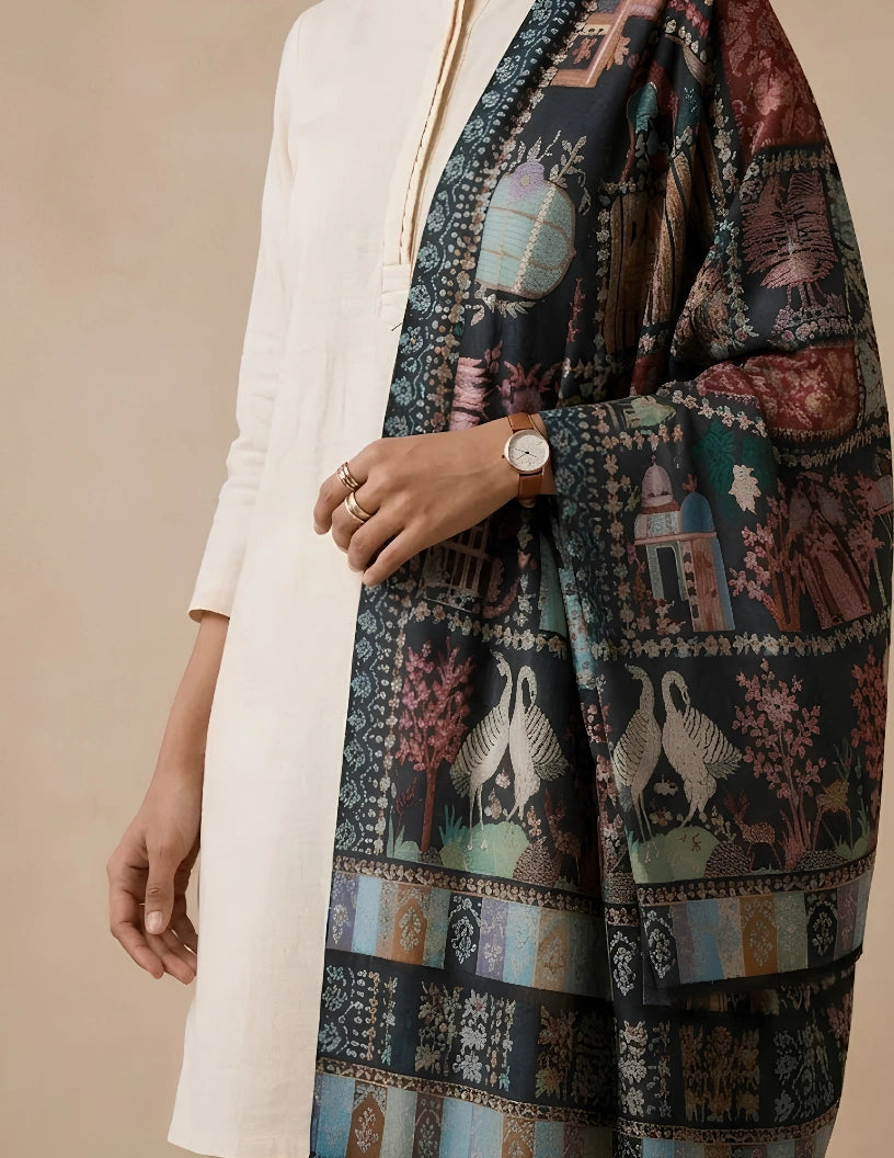 Bustan Kalamkari Stole (Unisex) – Dark Teal Garden Landscape Fine Wool