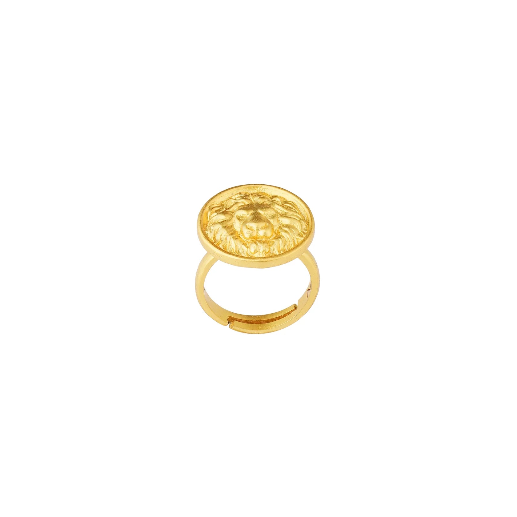 Gold ring with raised lion head medallion design