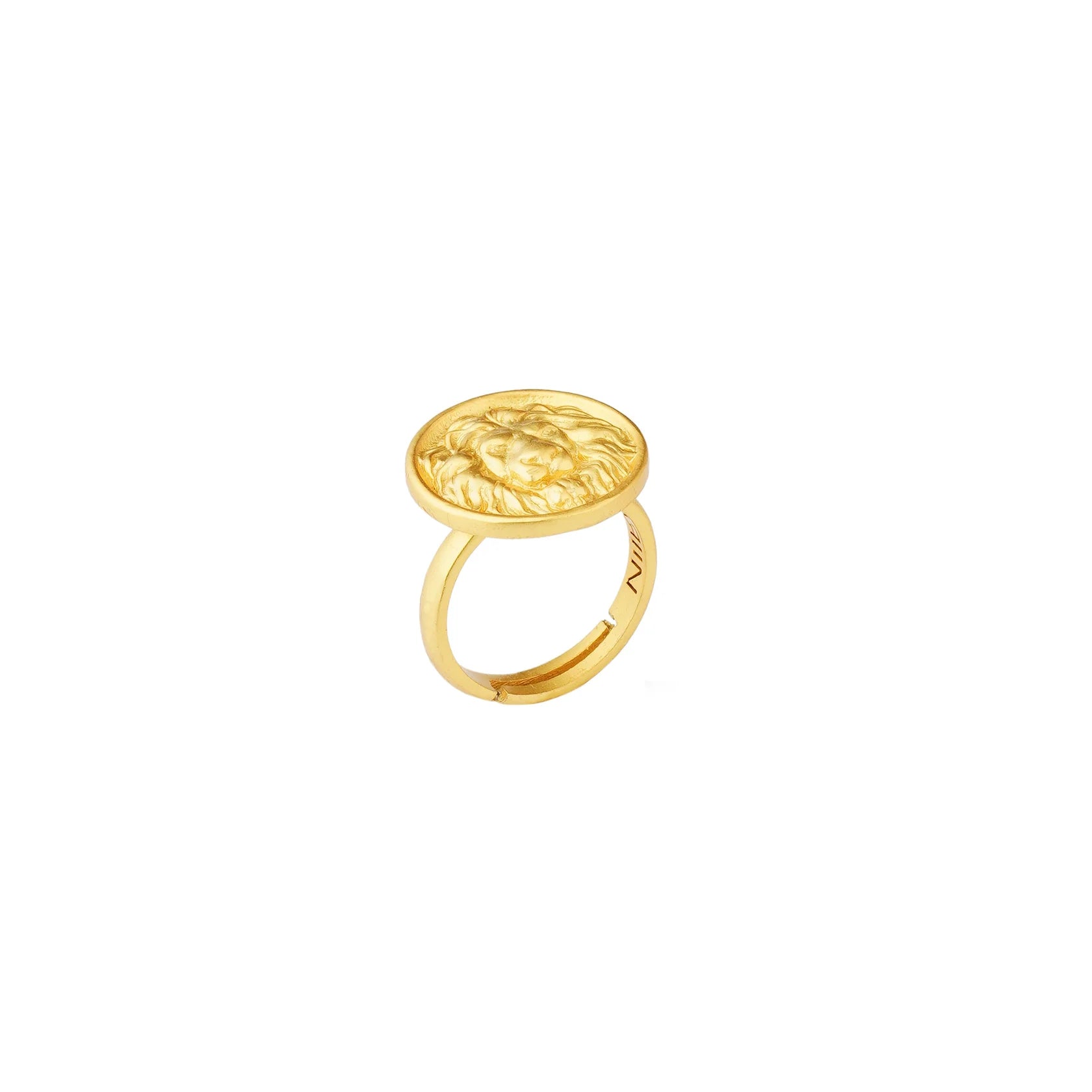 Side view of gold lion head medallion ring