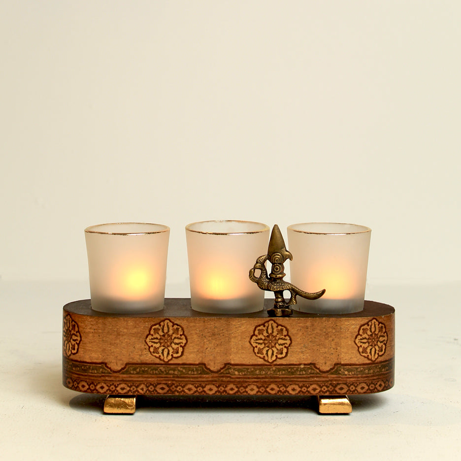 'Shikhi' Glass Votive Set of 3 in Glass, Wood and Brass