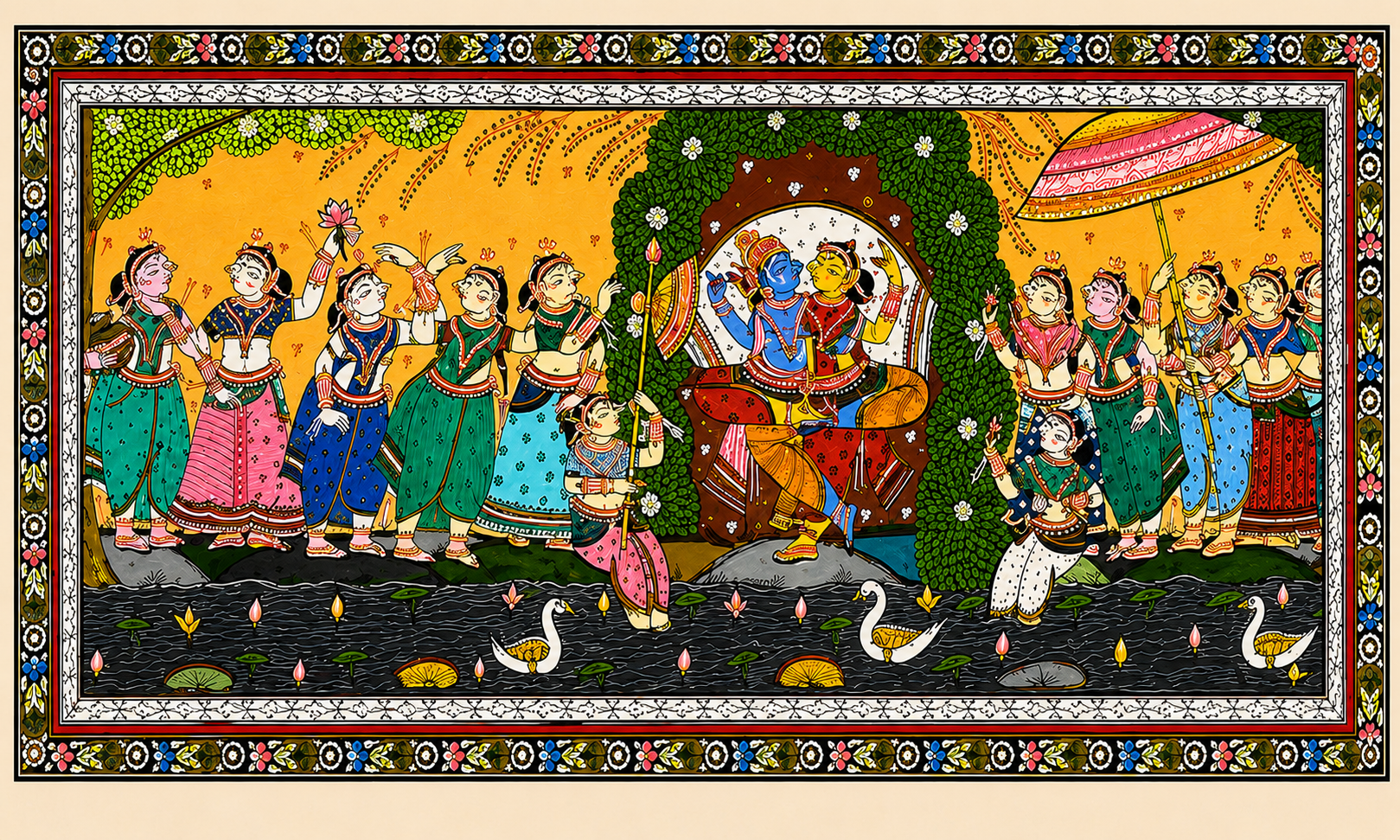 Divine Rasaleela: Radha Krishna with Gopikas – Orissa Pattachitra Painting