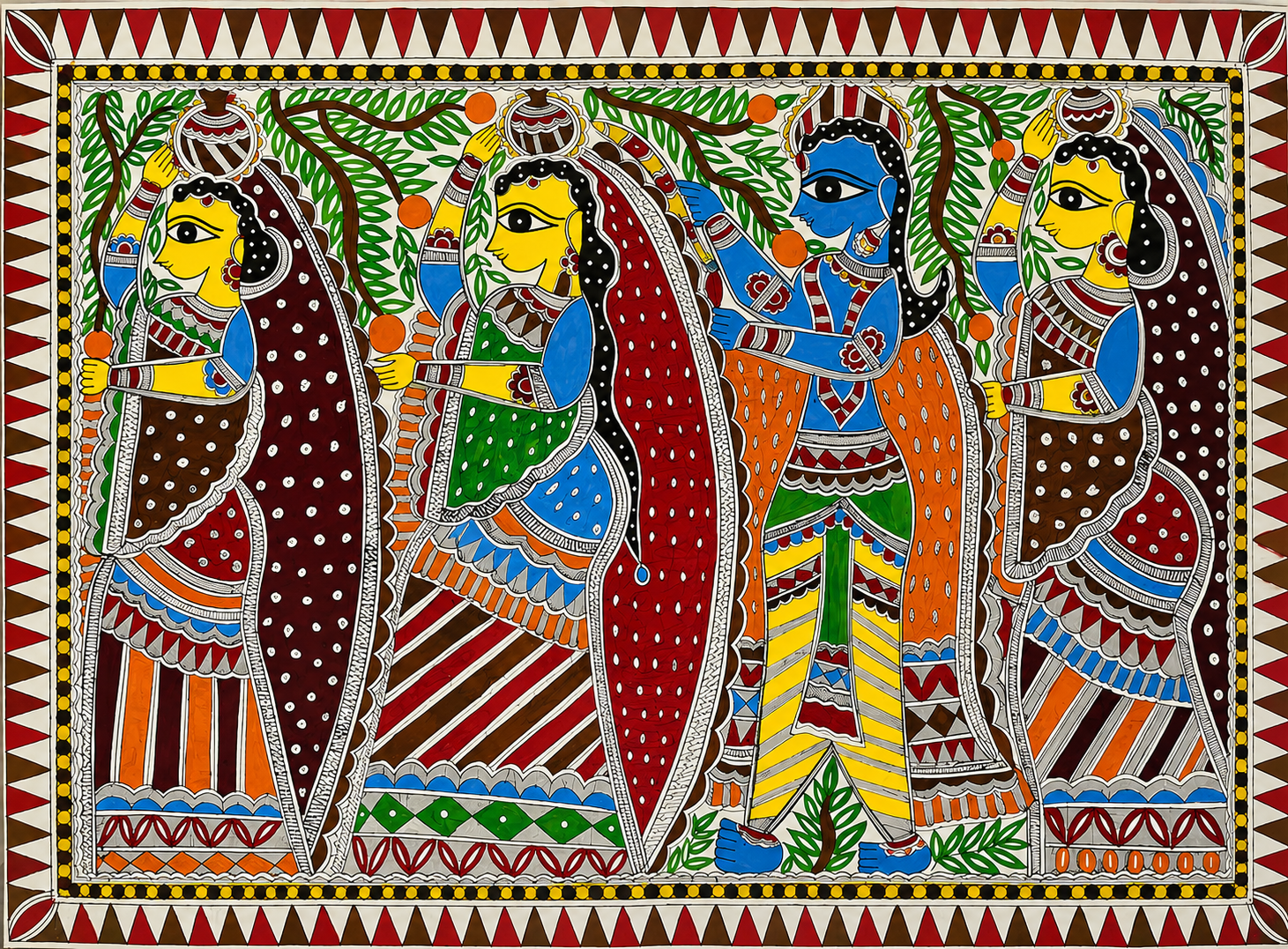 Rasa of Devotion: "Krishna with Gopikas" - Madhubani Painting