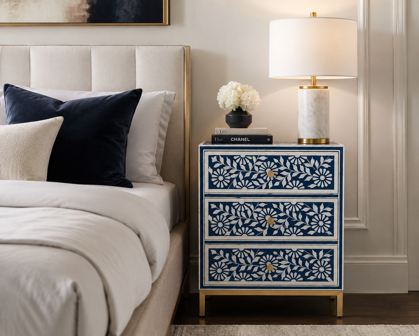 Blue & White Bone Inlay Floral Nightstand