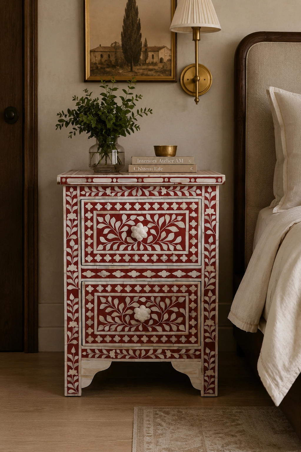 Crimson Blossom Bone Inlay Bedside Table