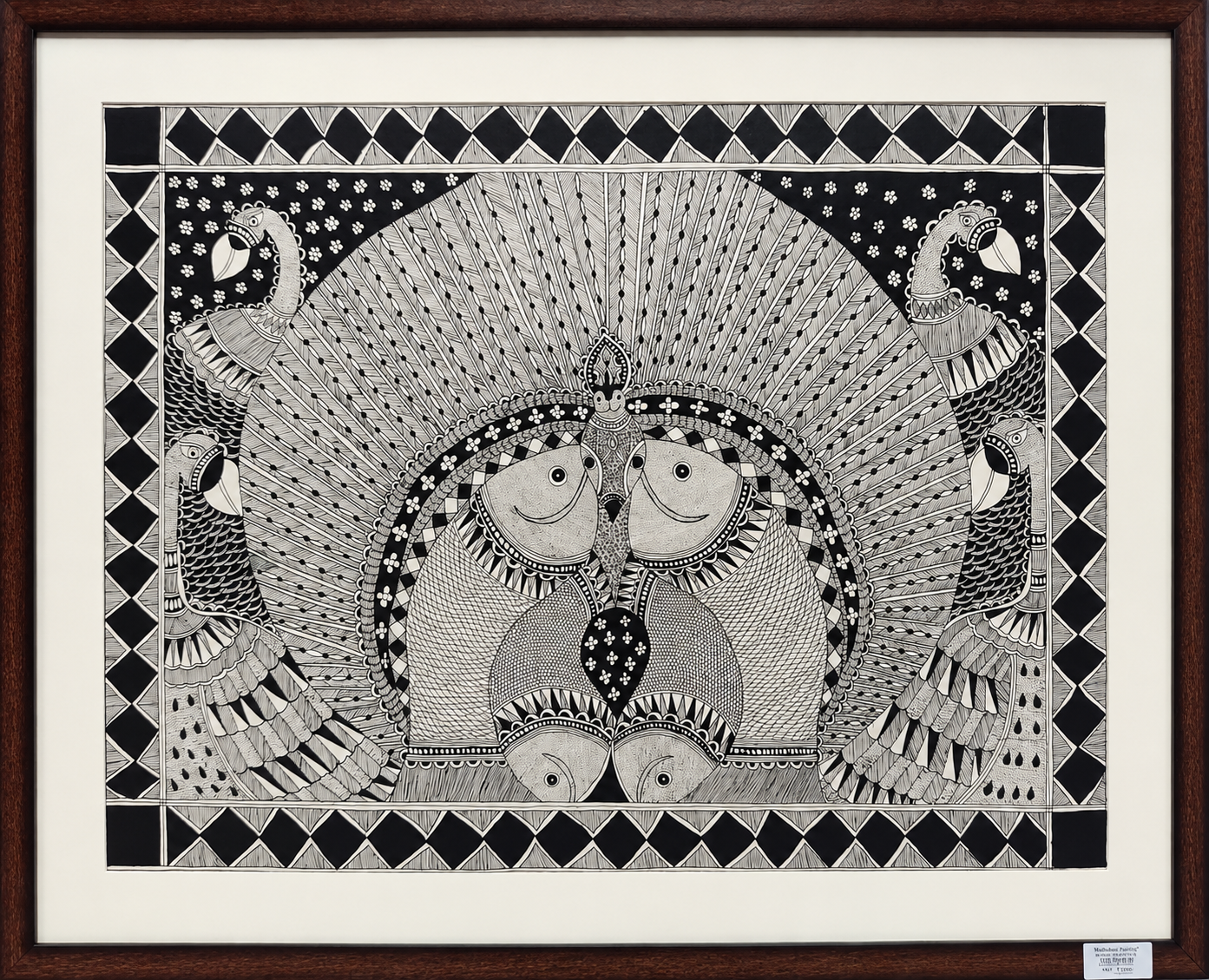 Harmony of Grace & Abundance: Peacock & Fish Mandala - Madhubani Painting