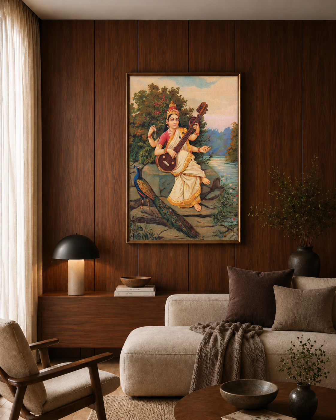 Framed print on a dark wood-panelled wall above a cream sofa and black lamp