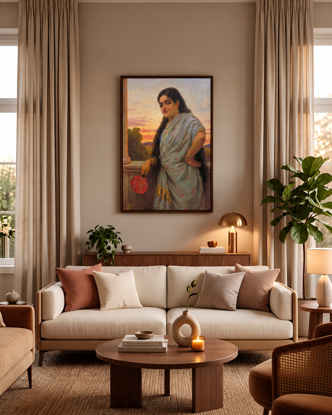 Raja Ravi Varma – "Woman Holding a Fan" (1895): An Elegy to Poise and Feminine Refinement