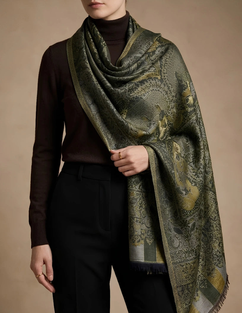 Chinar Jamawar Kashmiri Stole (Unisex) – Forest Green Micro Modal