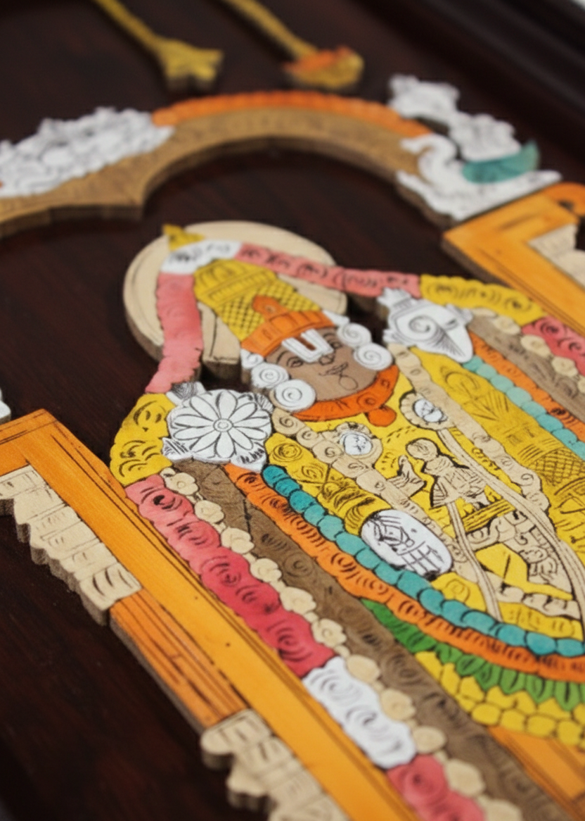 Close-up detail of a Mysore rosewood inlay artwork showing layered three-dimensional carving and fine inlay work depicting Lord Venkateshwara, highlighting traditional woods, composite materials, and precise hand craftsmanship from Mysuru.
