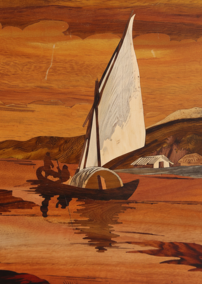 Close-up of Mysore rosewood inlay detailing showing handcrafted boat scene and natural wood grain