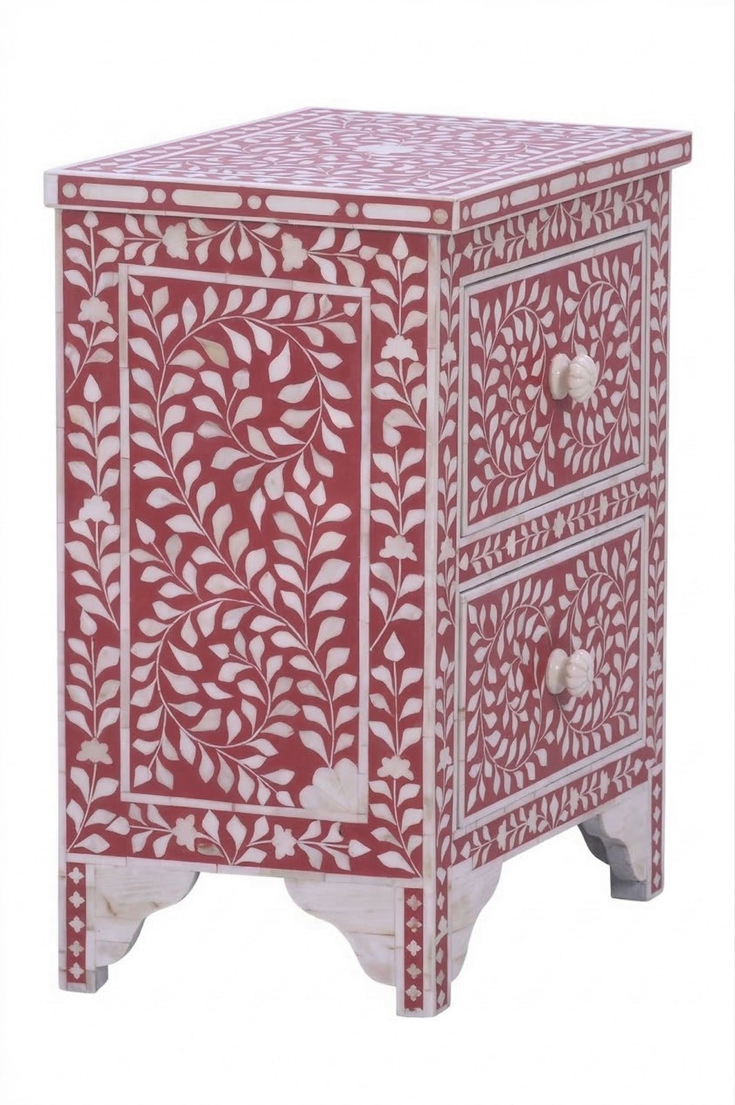 Crimson Blossom Bone Inlay Bedside Table