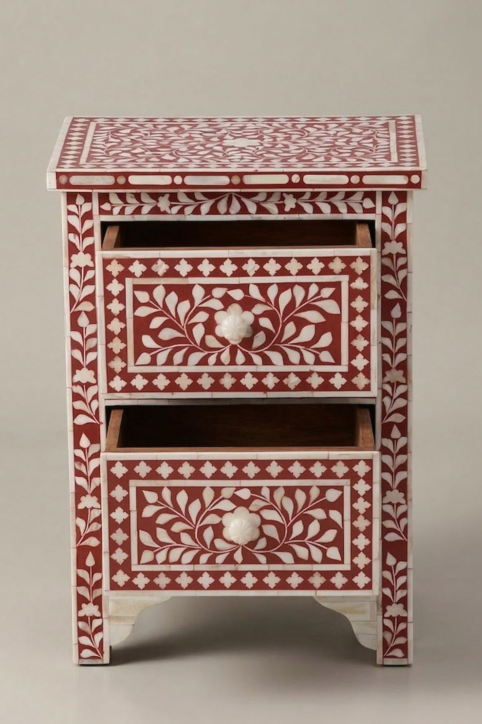 Crimson Blossom Bone Inlay Bedside Table
