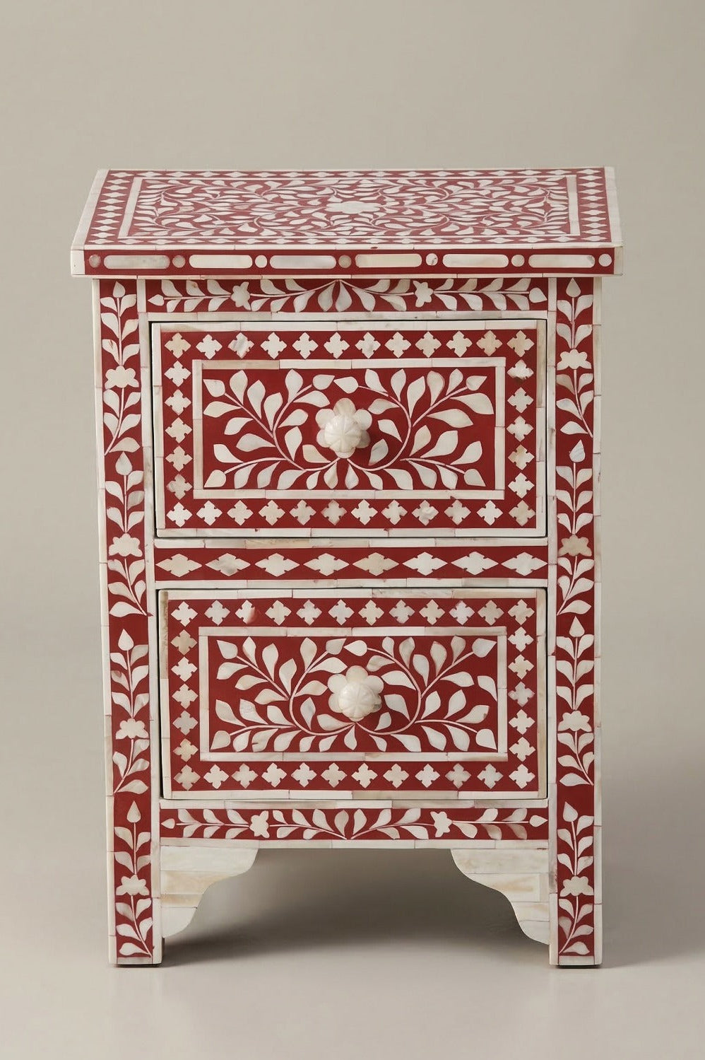Crimson Blossom Bone Inlay Bedside Table