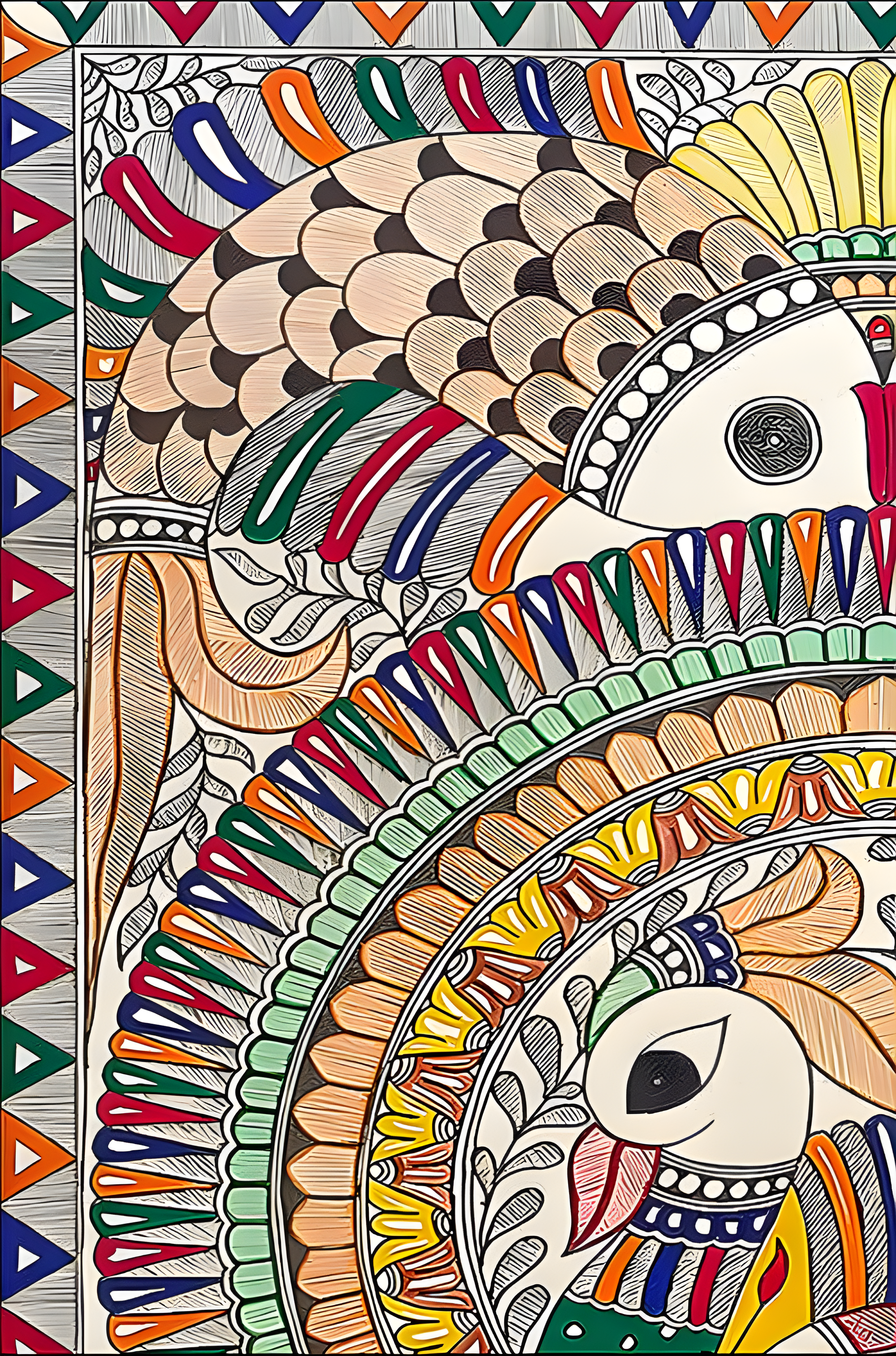 Cycle of Vitality: Peacock & Fish Mandala - Madhubani Painting
