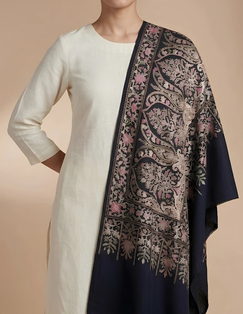 Darbaar Aari Embroidered Stole (Unisex) – Midnight Blue Floral Wool Silk