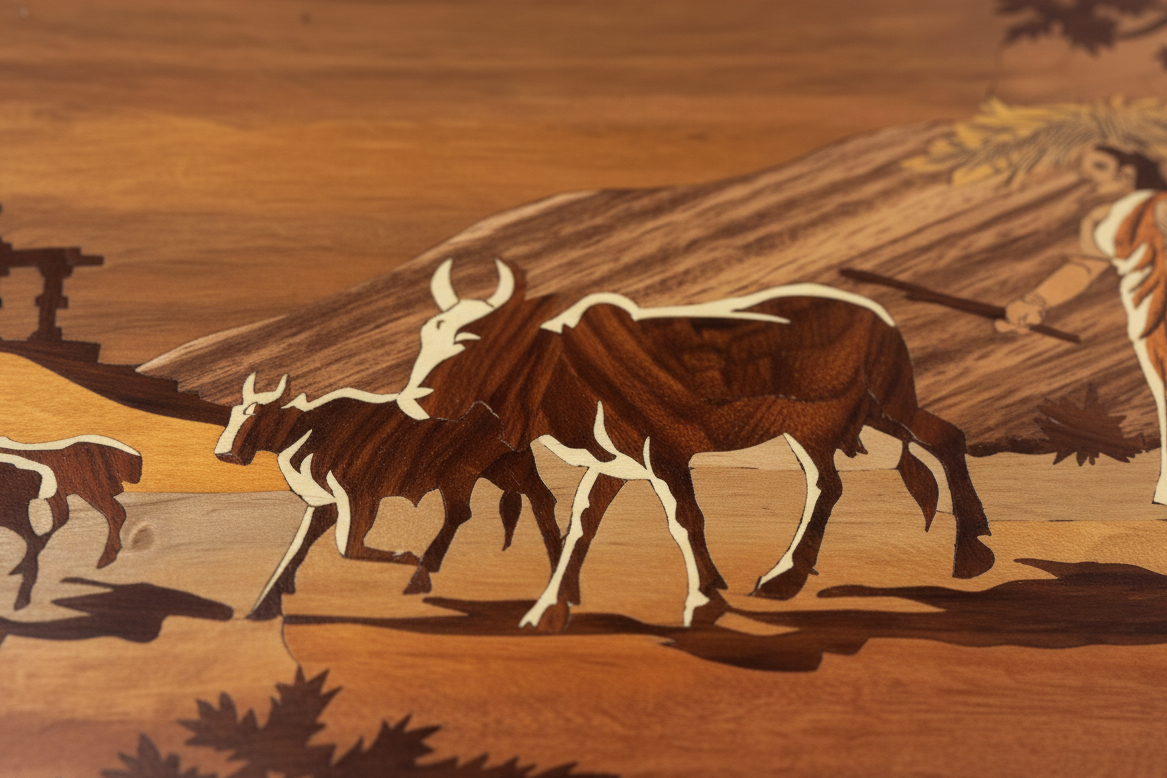 Close-up of Mysore rosewood inlay craftsmanship showing cow grazing motif, natural wood inlay detailing and hand-carved finish