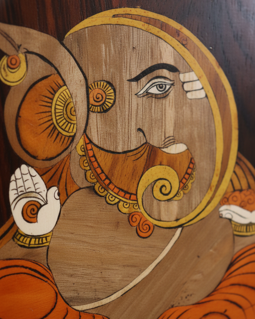 Close-up of intricate Mysore rosewood inlay detailing on a Ganesha wall panel, highlighting fine hand-cut wood inlay, flowing contours, layered textures, and traditional craftsmanship.