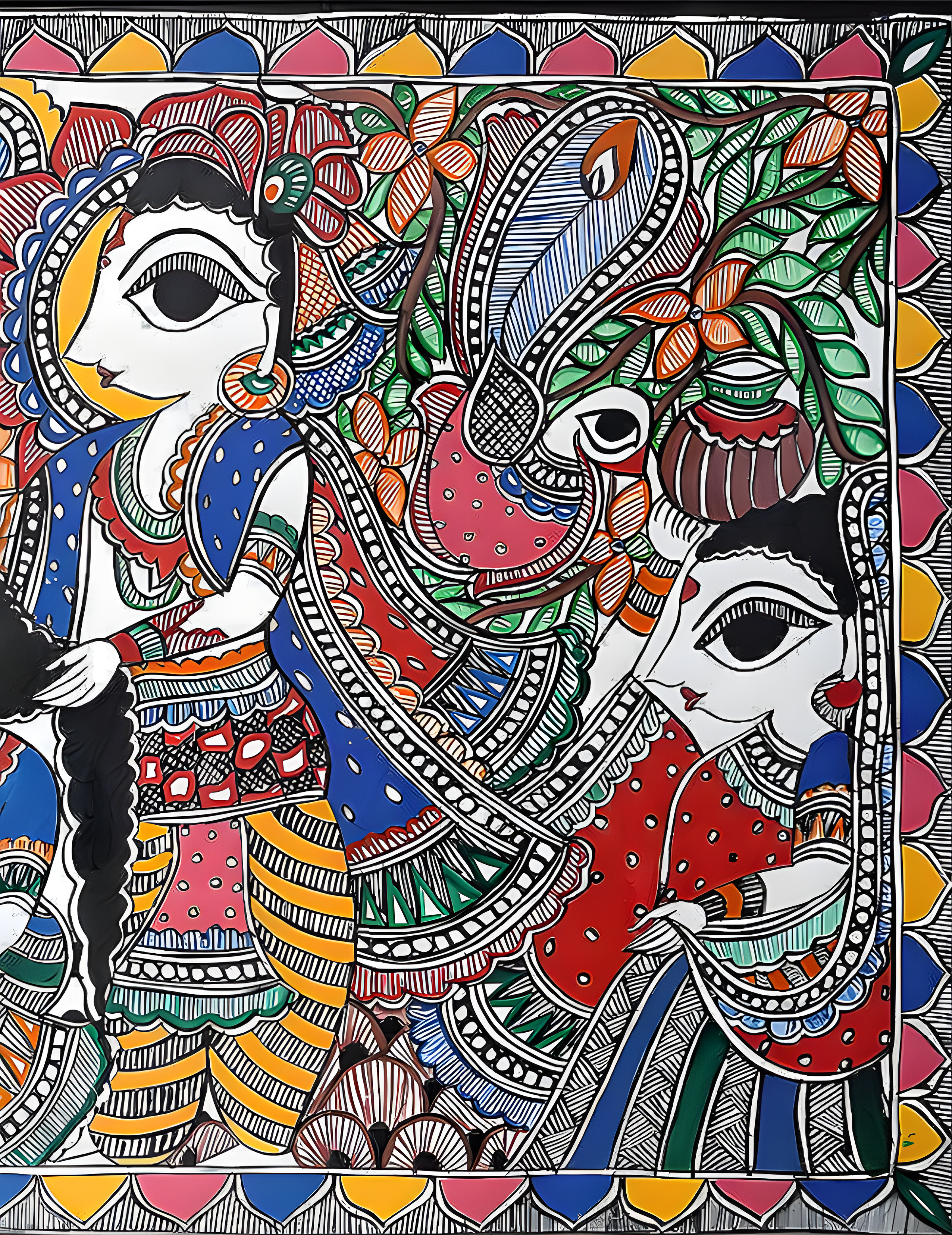 Divine Rasa: Krishna with Gopikas - Madhubani Painting