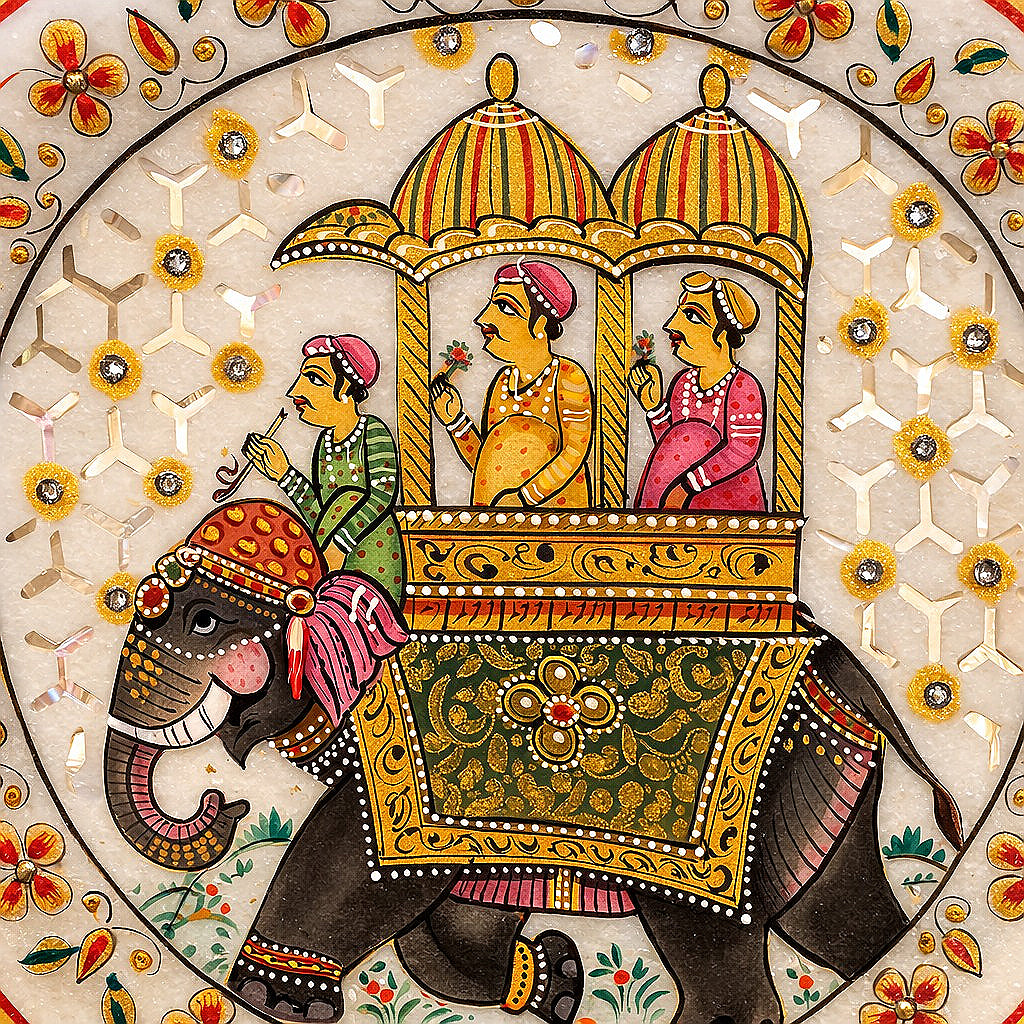 Royal Elephant Procession – Rajasthani Miniature Marble Plate