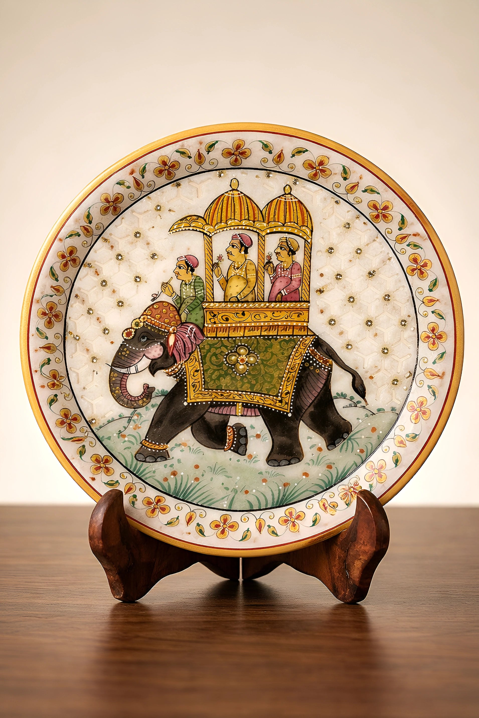 Royal Elephant Procession – Rajasthani Miniature Marble Plate