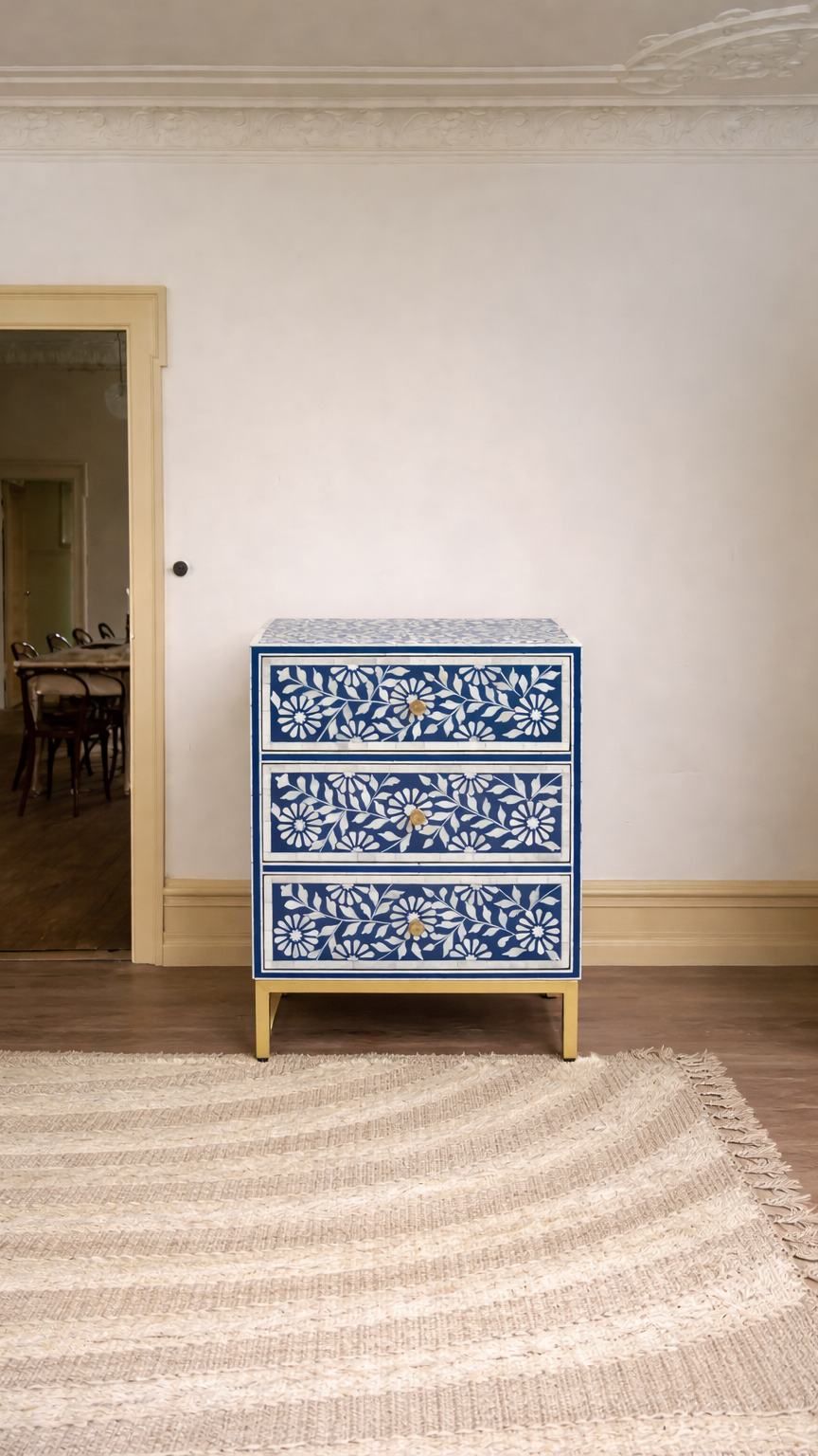 Blue & White Bone Inlay Chest - Handmade Floral Nightstand