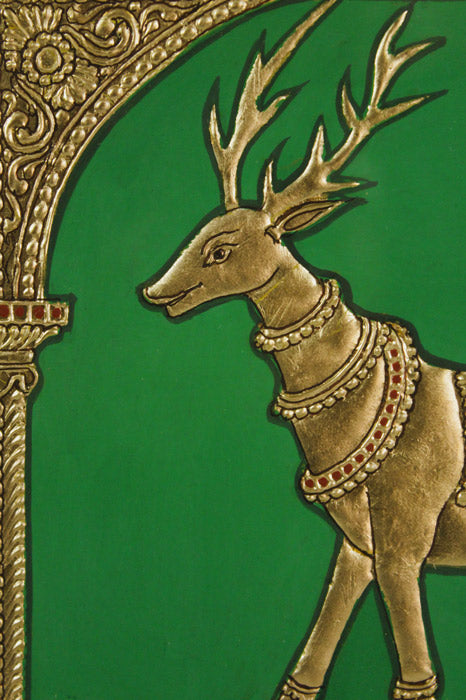Close-up of Golden Deer Mysore Painting highlighting fine brushwork, 22KT gold leaf embellishments, detailed textures, and Gesso relief. Hand-painted classical Mysore artwork capturing the grace and auspicious symbolism of the golden deer.