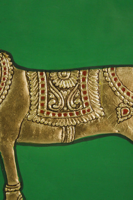 Close-up of Golden Deer Mysore Painting highlighting fine brushwork, 22KT gold leaf embellishments, detailed textures, and Gesso relief. Hand-painted classical Mysore artwork capturing the grace and auspicious symbolism of the golden deer.