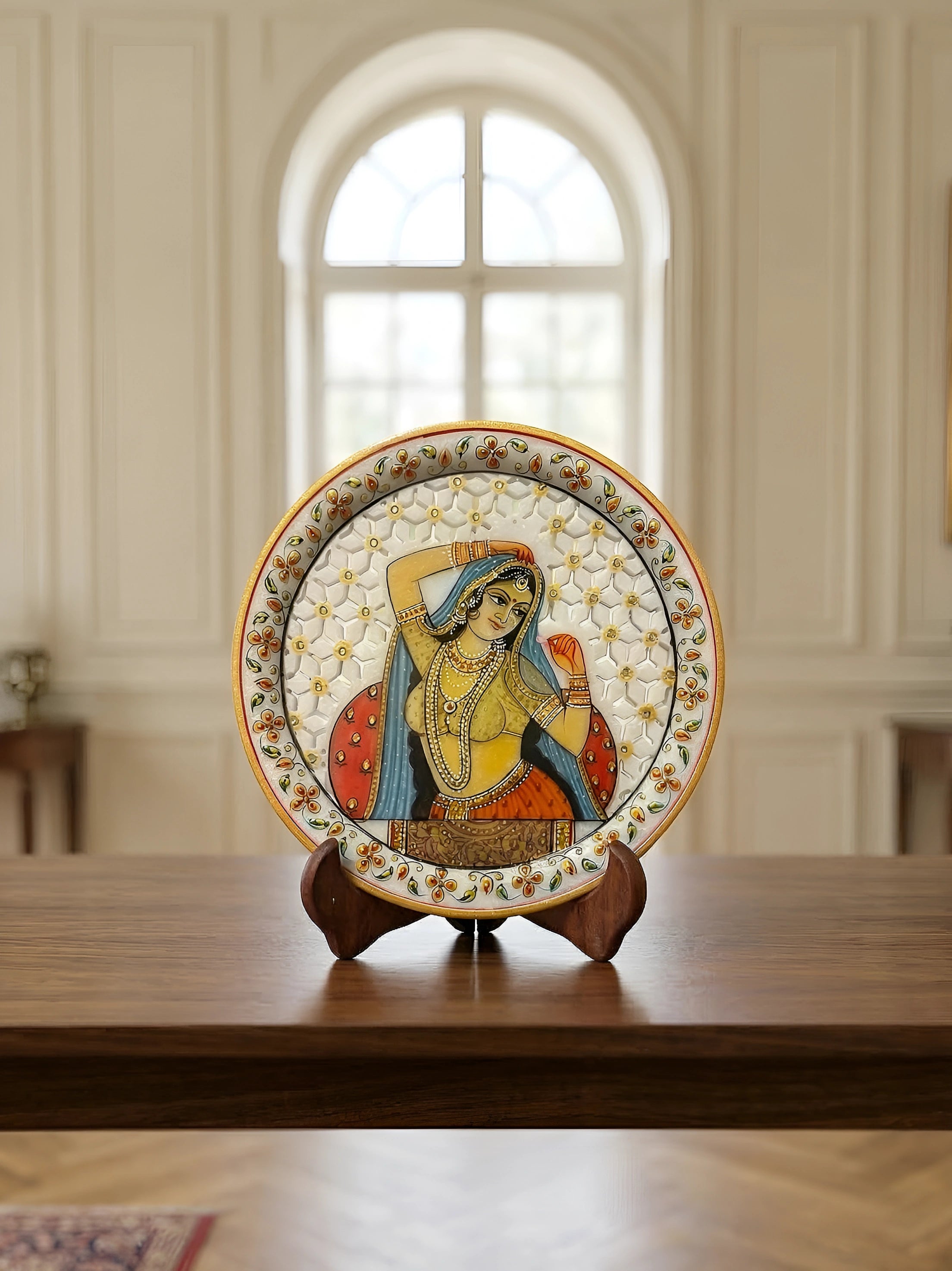 Grace of the Rajput Court – Rajasthani Miniature Marble Plate
