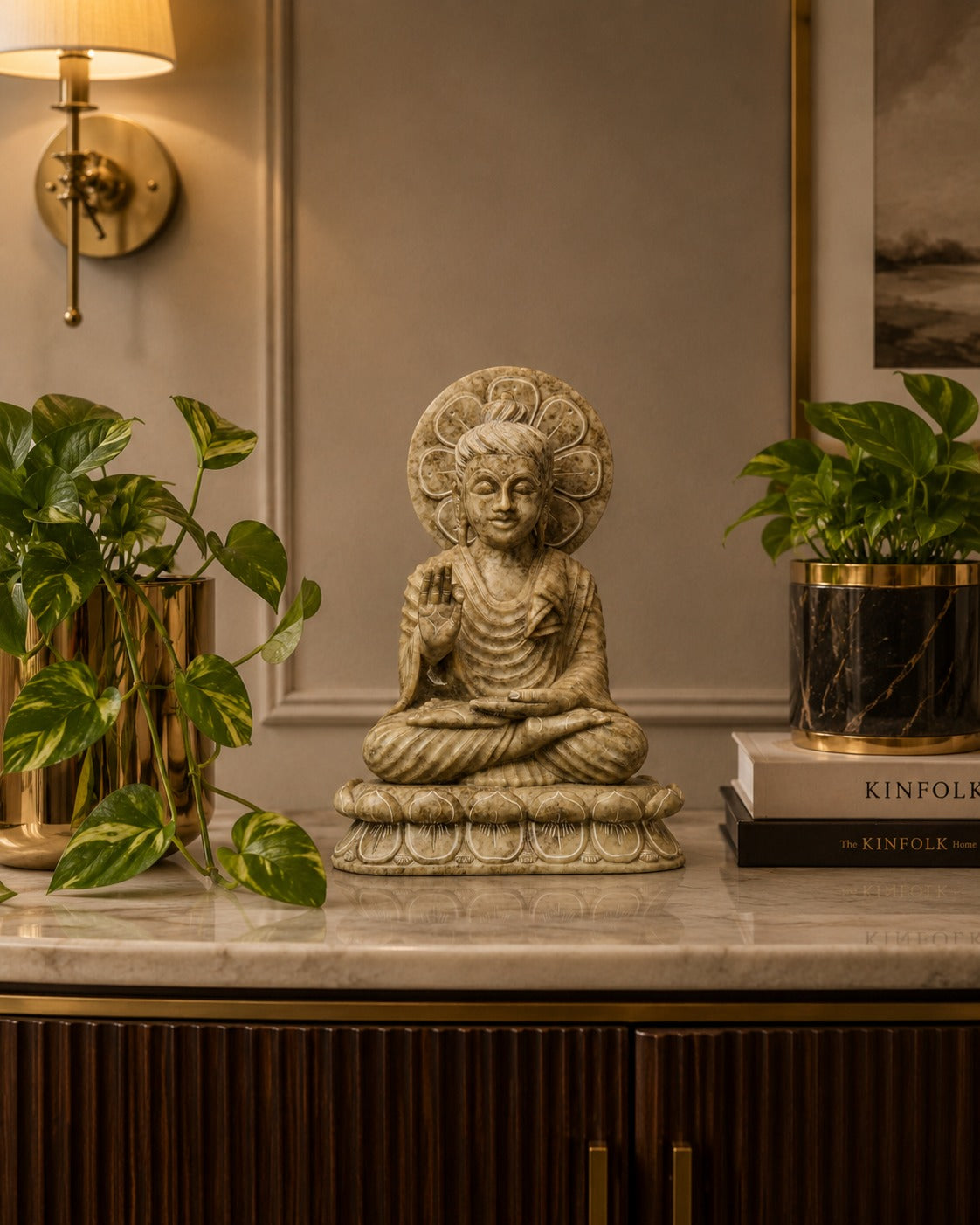 Green Stone Carved Sitting Buddha Sculpture