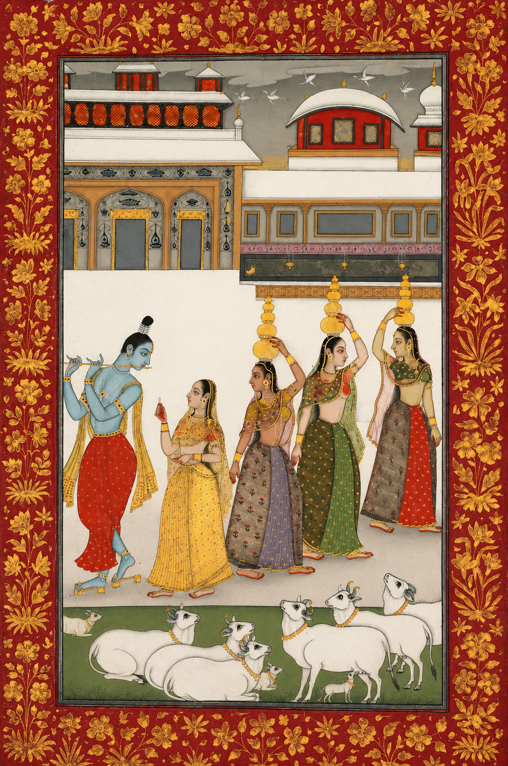 'Gujari Ragini — Krishna with Gopis Playing the Flute' Canvas Cloth Print, c.1750
