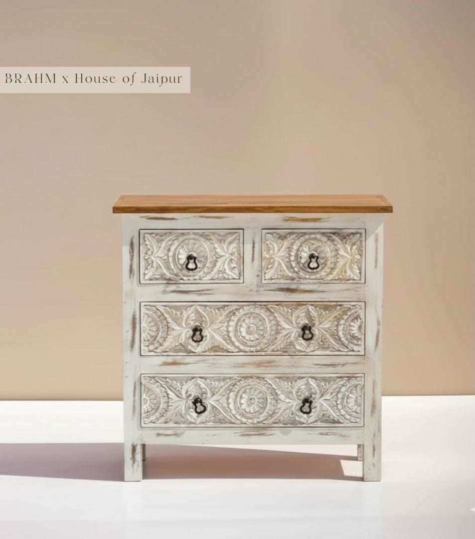 Gulnaar Hand-Carved Floral Dresser – Distressed White Jaipur Chest