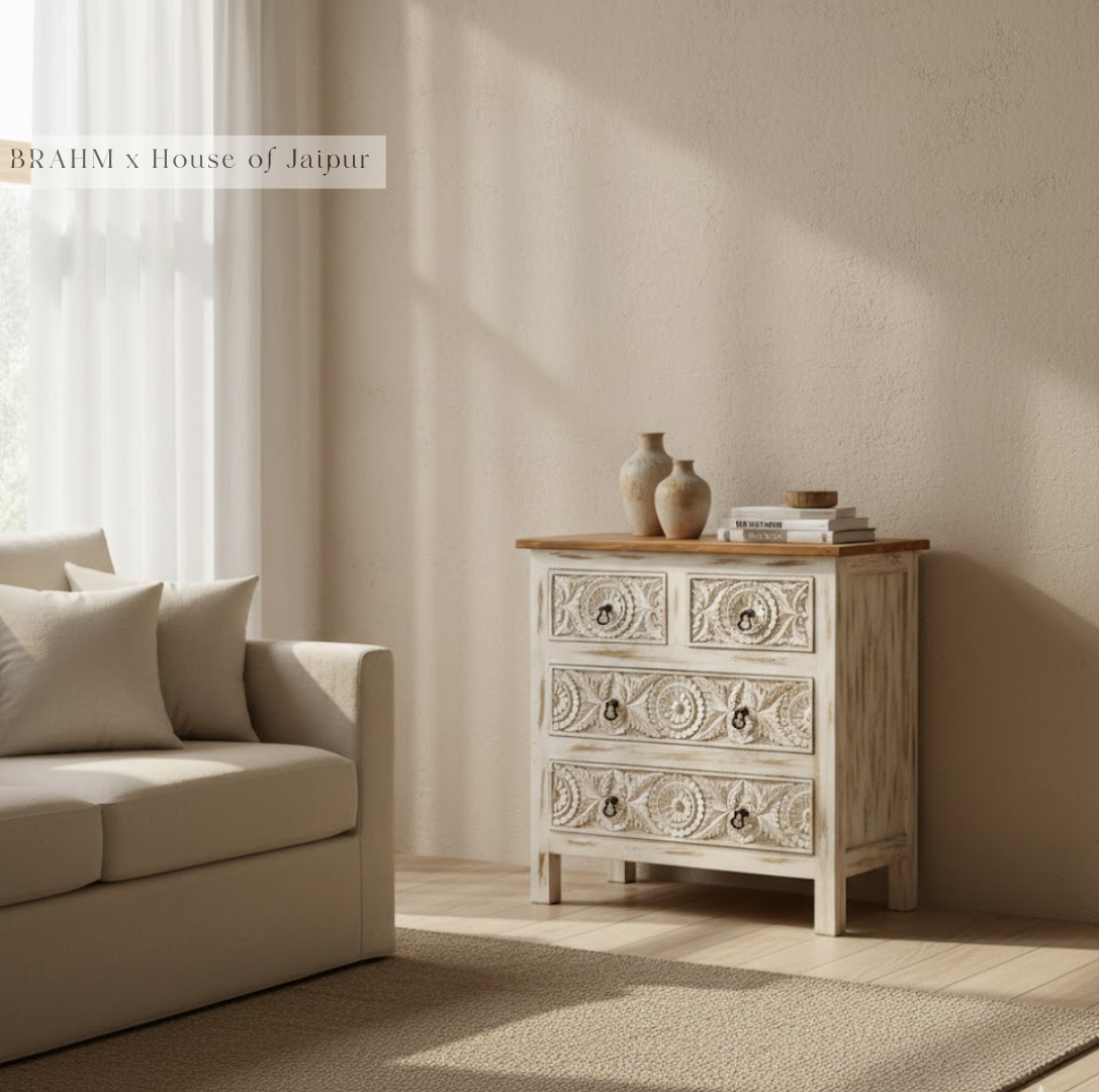 Gulnaar Hand-Carved Floral Dresser – Distressed White Jaipur Chest