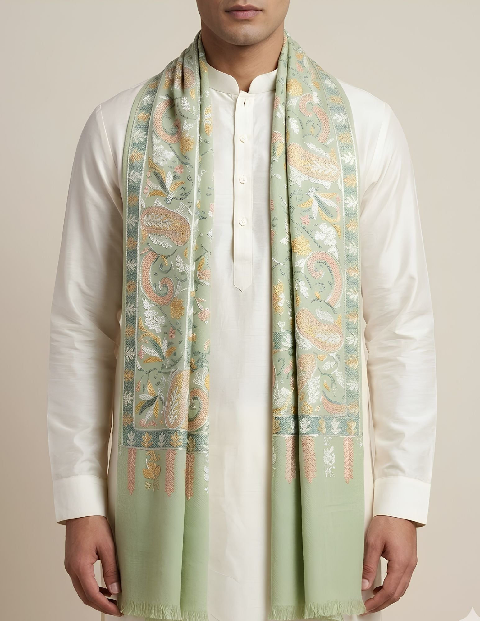 Gulshan Sozni Kashmiri Stole (Unisex) – Sage Green Botanical Wool Silk