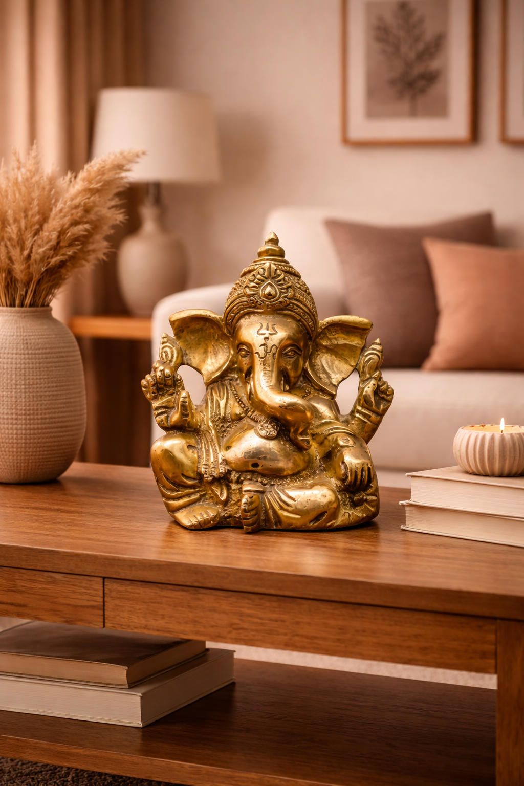 Handcrafted brass Ganesha idol with detailed carvings on a warm background.