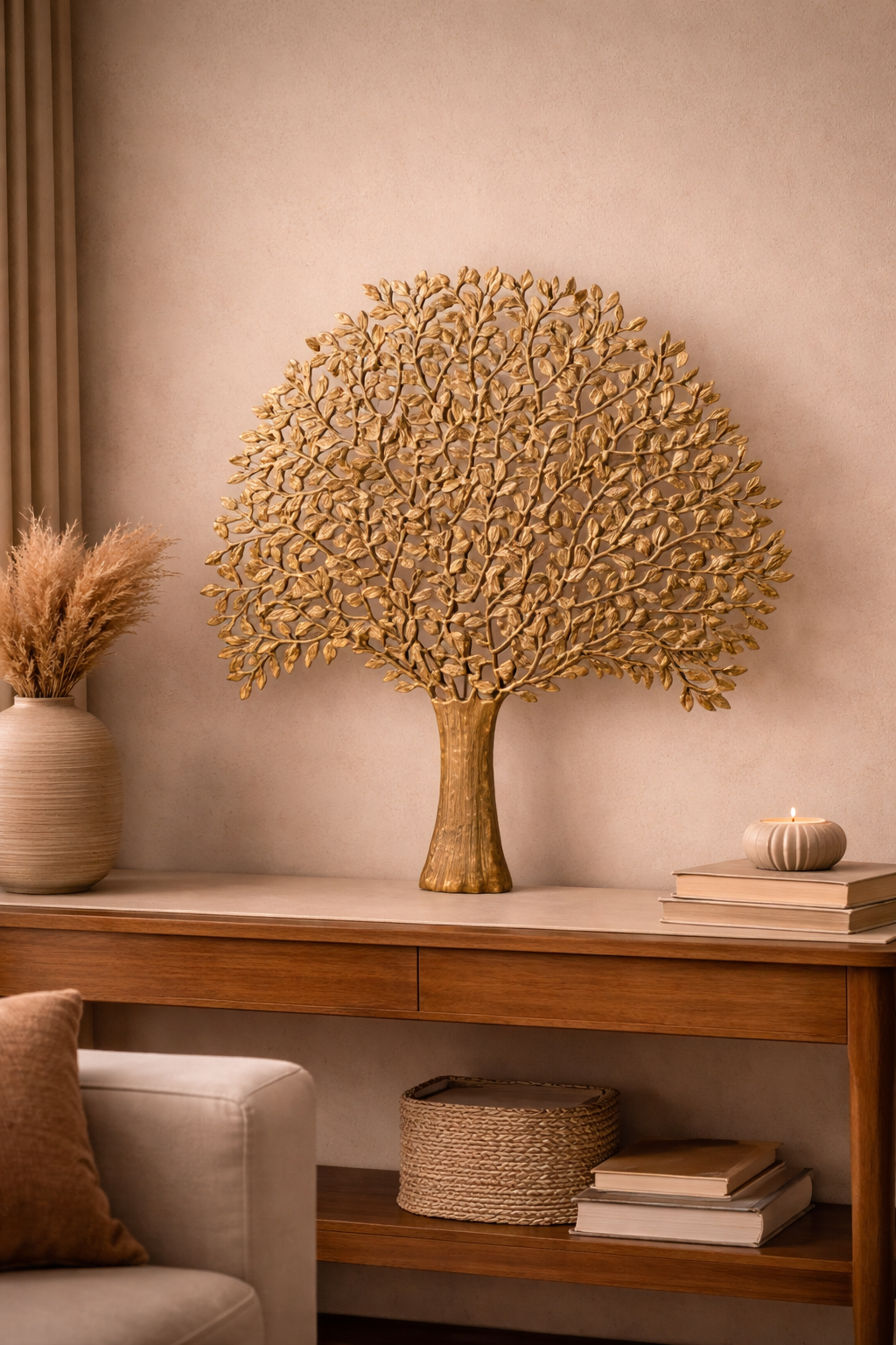 Brass tree sculpture displayed on a console in a warm-toned living room