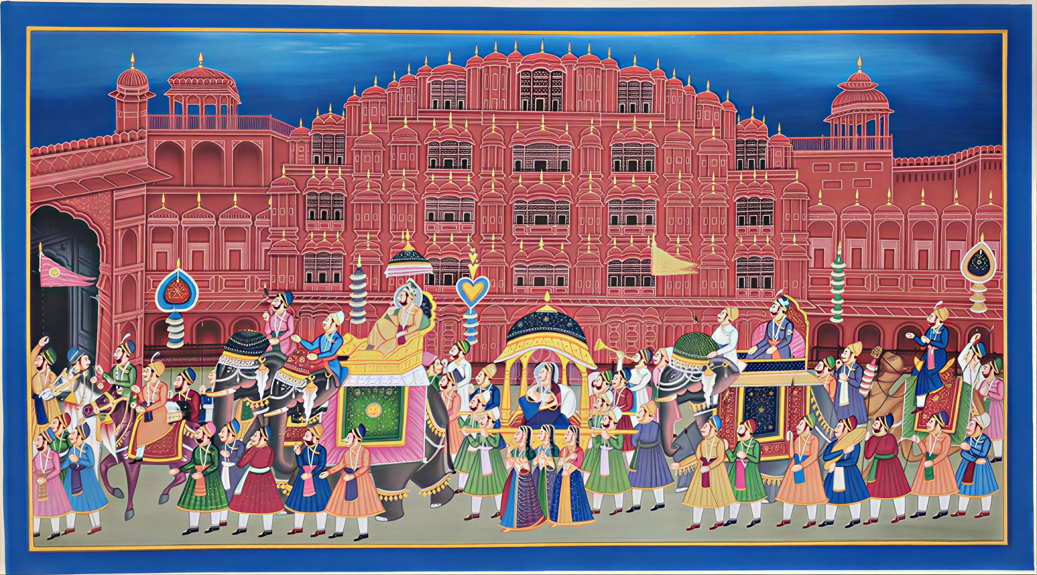 Illustration of a grand palace with people in traditional attire and vehicles, set against a blue sky.
