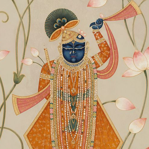 Handpainted – “Shrinathji on Lotus Throne”: Kamal Talai Nitya Leela Painting