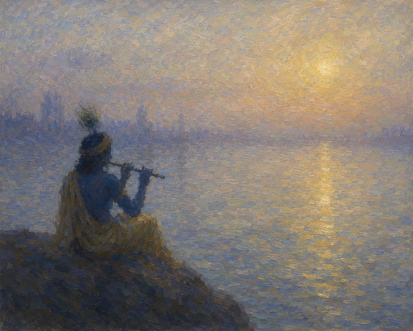 Krishna at Dawn: A Symphony of Light and Devotion Print