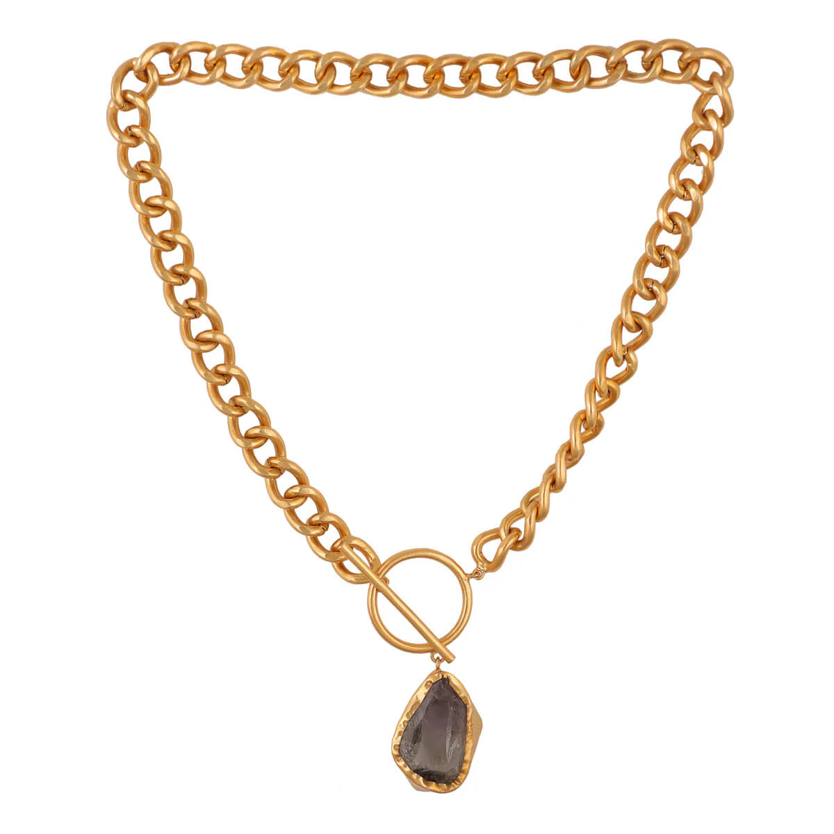 Gold chunky chain necklace with green amethyst teardrop pendant and toggle clasp