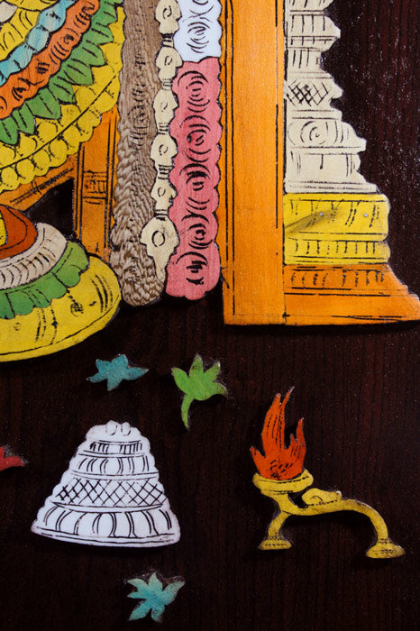 Close-up detail of a Mysore rosewood inlay artwork showing layered three-dimensional carving and fine inlay work depicting Lord Venkateshwara, highlighting traditional woods, composite materials, and precise hand craftsmanship from Mysuru.