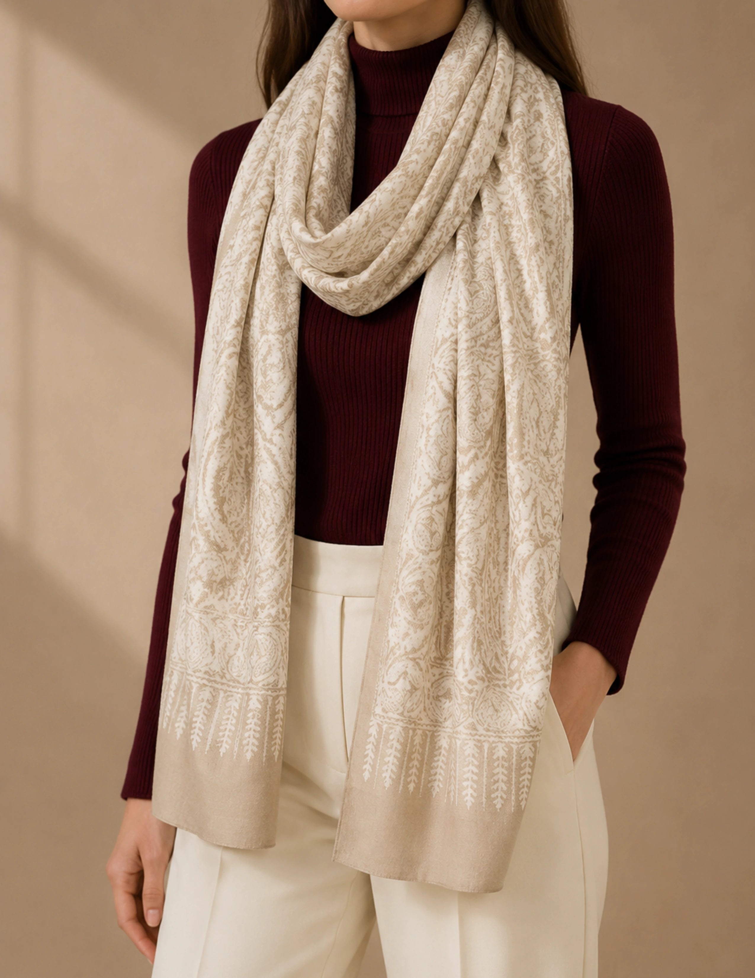 Mehr Sozni Kashmiri Stole (Unisex) – Ivory Tone-on-Tone Wool Silk