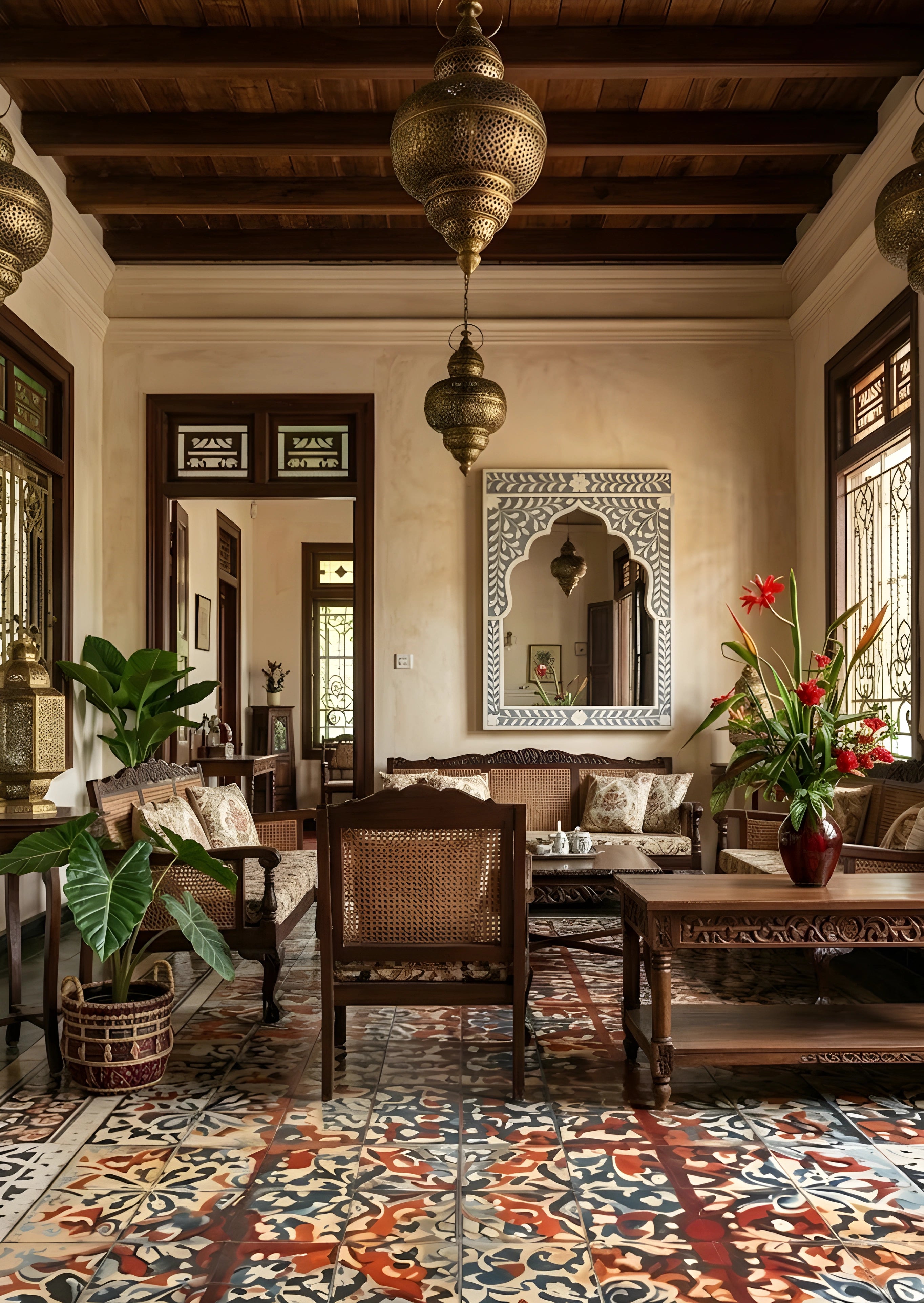 Mughal Bloom Bone Inlay Arched Mirror