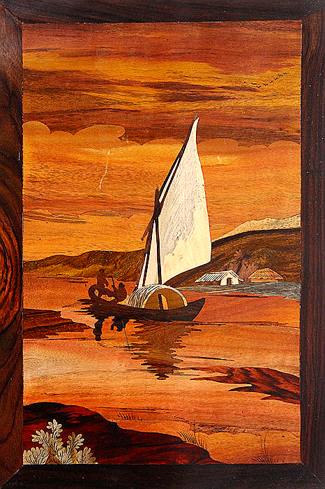 Still Waters - Mysore Rosewood Inlay Boat Scene Wall Panel
