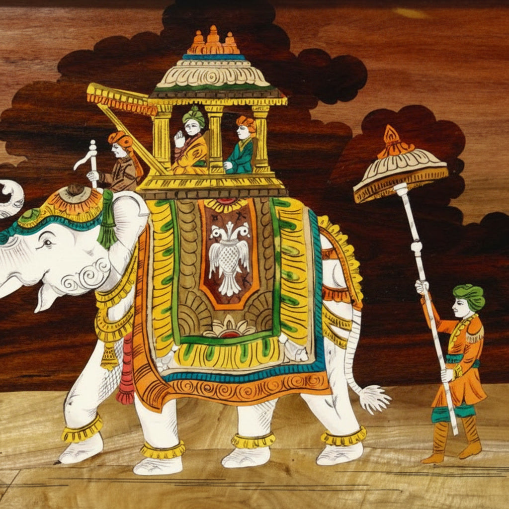 Close-up detail of Mysore rosewood inlay showing the decorated elephant, Ambari howdah, and intricate inlay craftsmanship using contrasting natural woods and traditional materials.