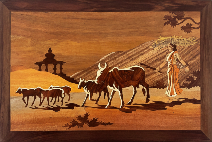 Handcrafted Mysore rosewood inlay wall panel depicting cow grazing scene, traditional Indian wooden décor artwork with framed finish
