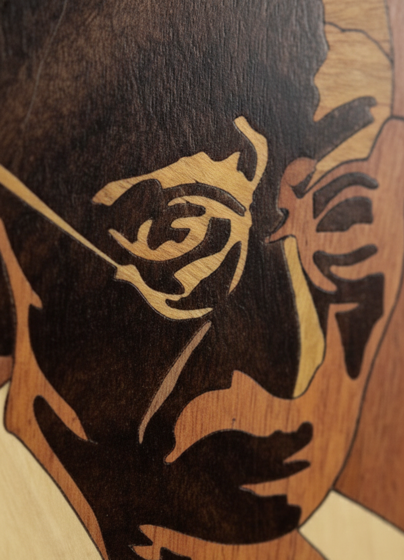 Close-up detail of Mysore rosewood inlay craftsmanship showing fine hand-cut inlay work in yellowwood, ebony, and white composite materials forming Mahatma Gandhi’s facial features on solid rosewood.